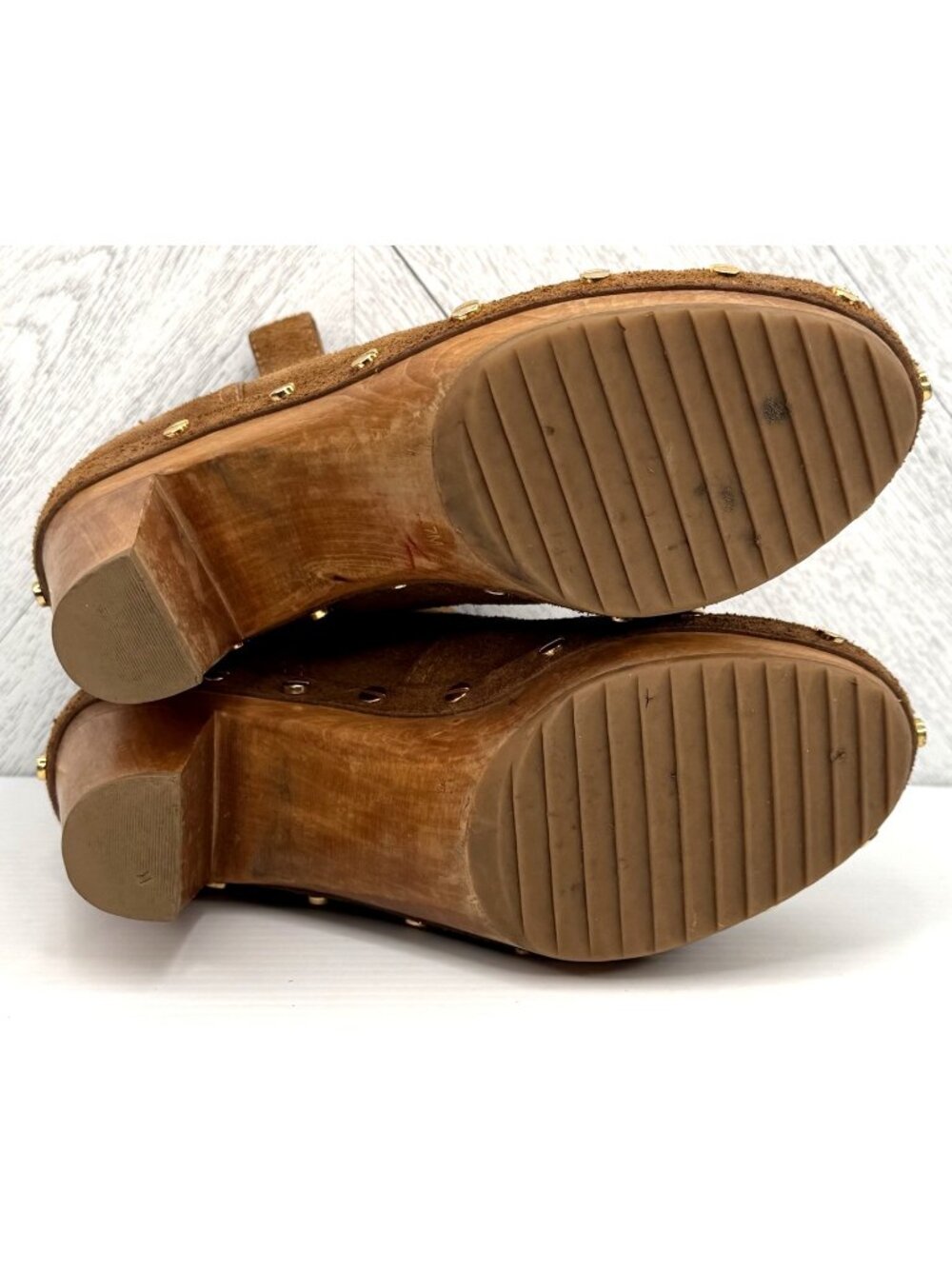 Tory Burch Ginevra Ankle Boots Womens 7 Brown Suede Wooden Clog Studded Platform - Picture 8 of 14